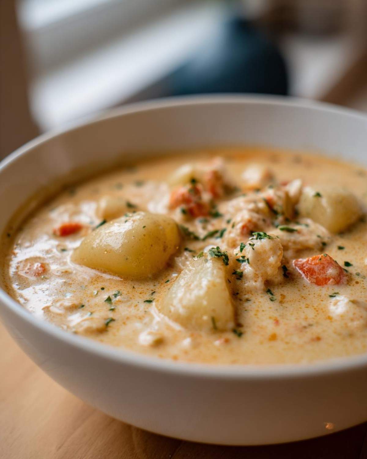 A close-up view of a white bowl filled with rich, creamy chicken gnocchi soup, garnished with parsley.