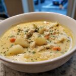 Close-up of a white bowl filled with creamy chicken gnocchi soup, featuring shredded chicken, potato gnocchi, and carrots.