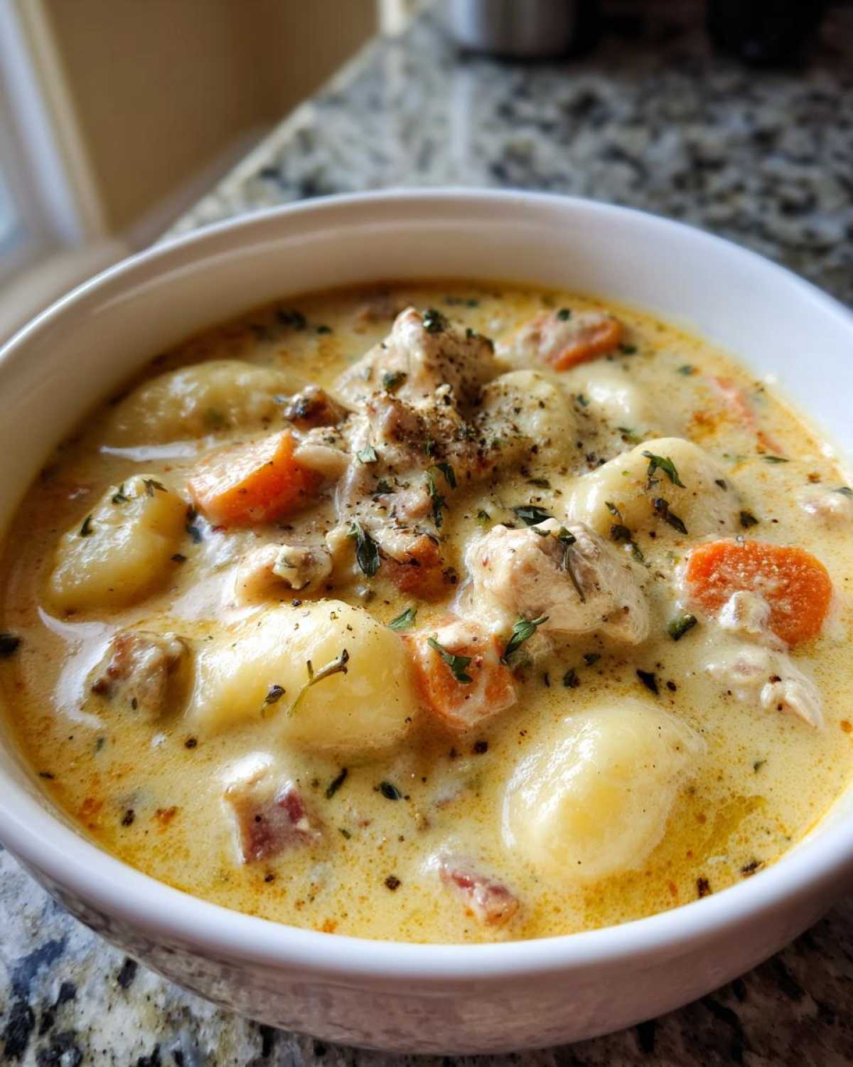 Close-up of a white bowl filled with rich Creamy Chicken Gnocchi Soup, topped with pepper and herbs.