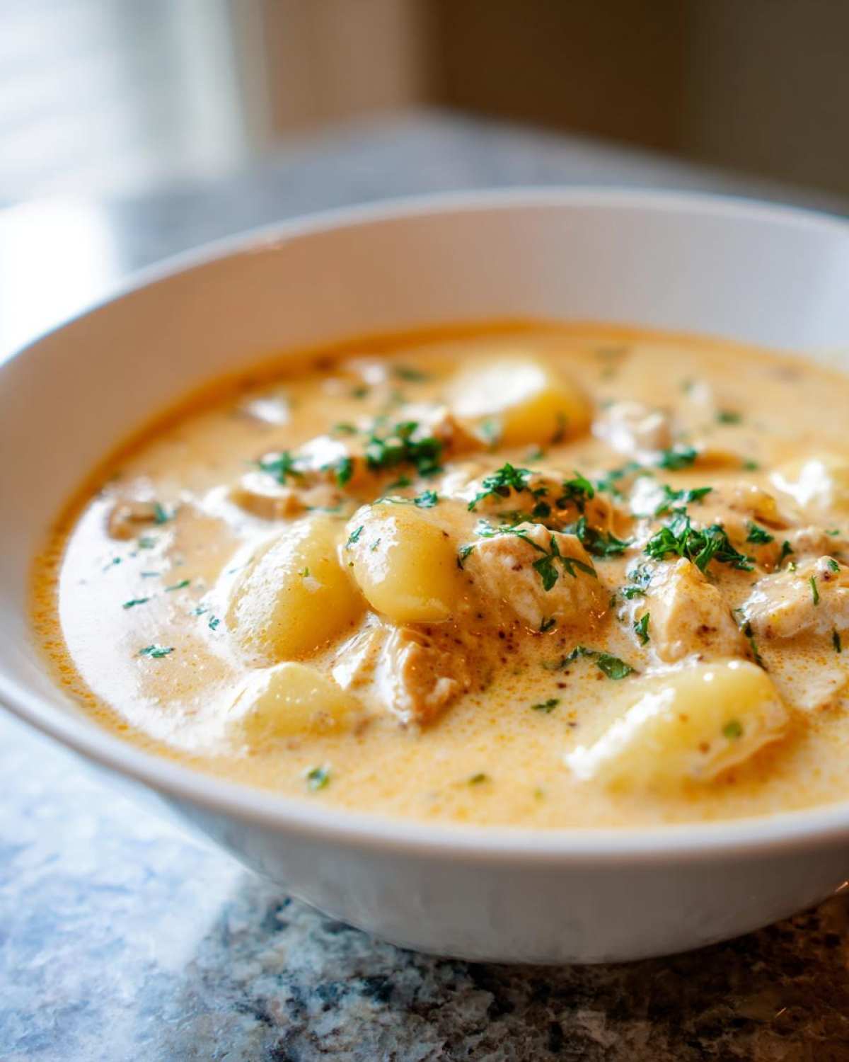 Close-up of a white bowl filled with rich Creamy Chicken Gnocchi Soup, topped with fresh parsley.