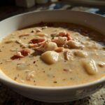 A close-up of a white bowl filled with rich Creamy Chicken Gnocchi Soup, featuring tender gnocchi and shredded chicken.