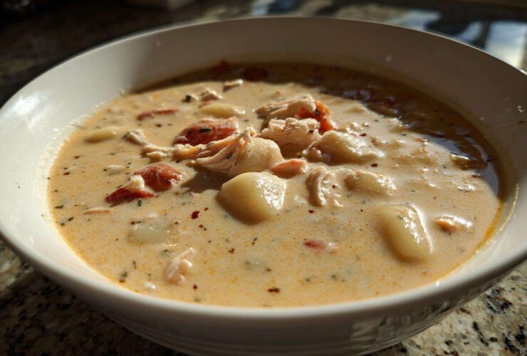 A close-up of a white bowl filled with rich Creamy Chicken Gnocchi Soup, featuring tender gnocchi and shredded chicken.