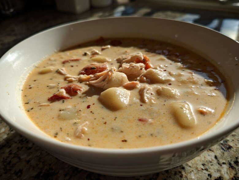 A close-up of a white bowl filled with rich Creamy Chicken Gnocchi Soup, featuring tender gnocchi and shredded chicken.