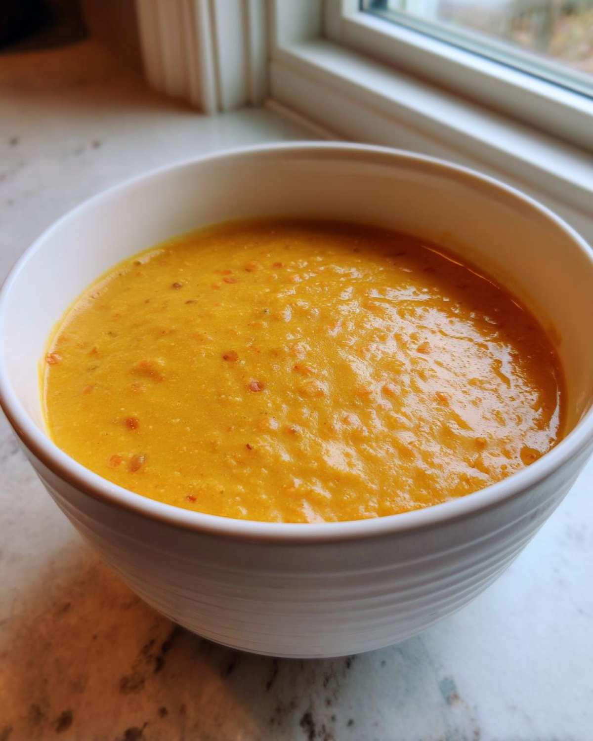 A close-up of a white bowl filled with thick, orange Creamy Coconut Lentil Soup sitting on a marble countertop near a window.