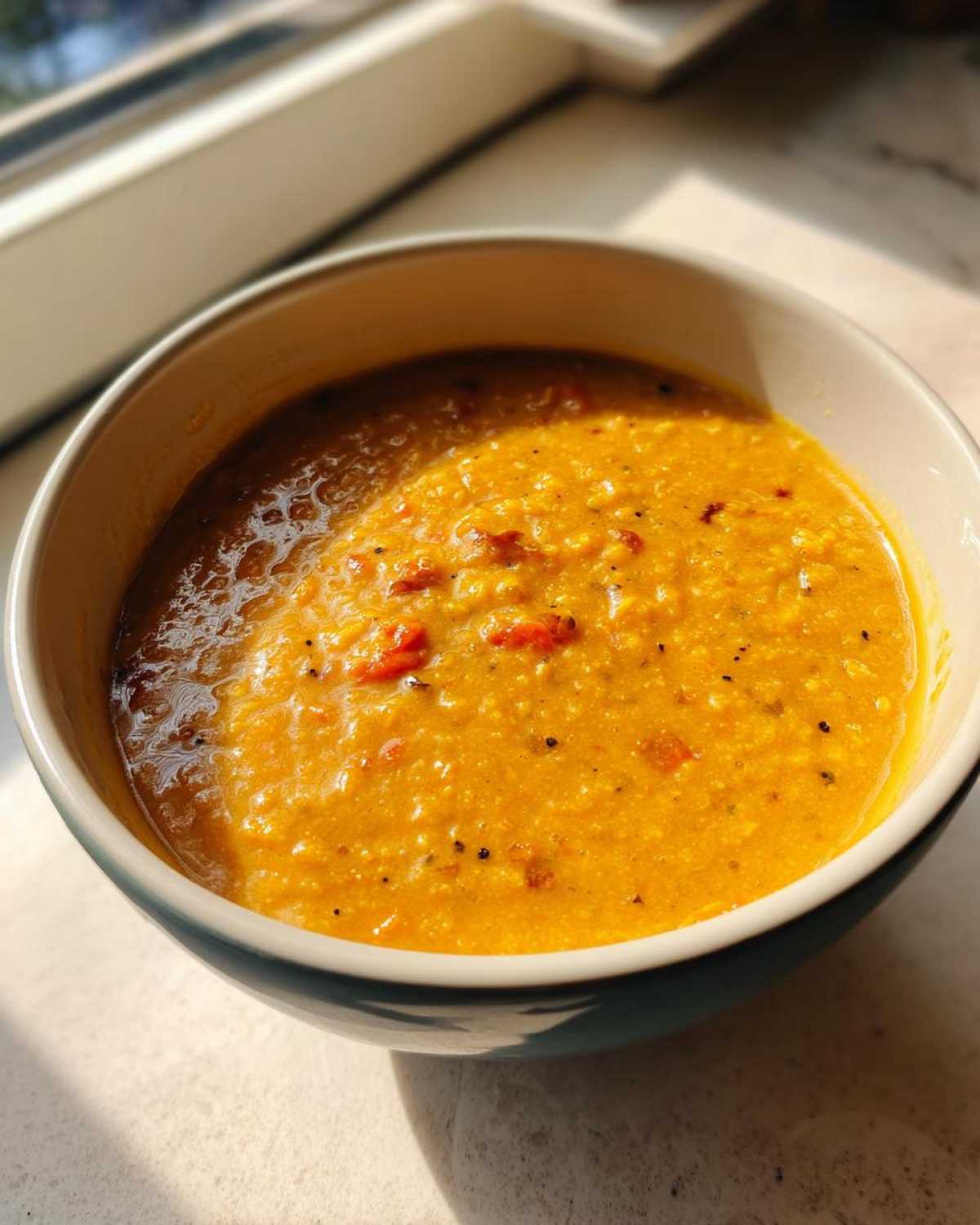 Close-up of a bowl filled with vibrant orange Creamy Coconut Lentil Soup, seasoned with spices.