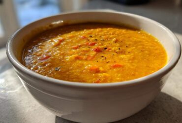Close-up of a white bowl filled with vibrant orange Creamy Coconut Lentil Soup, topped with black pepper.