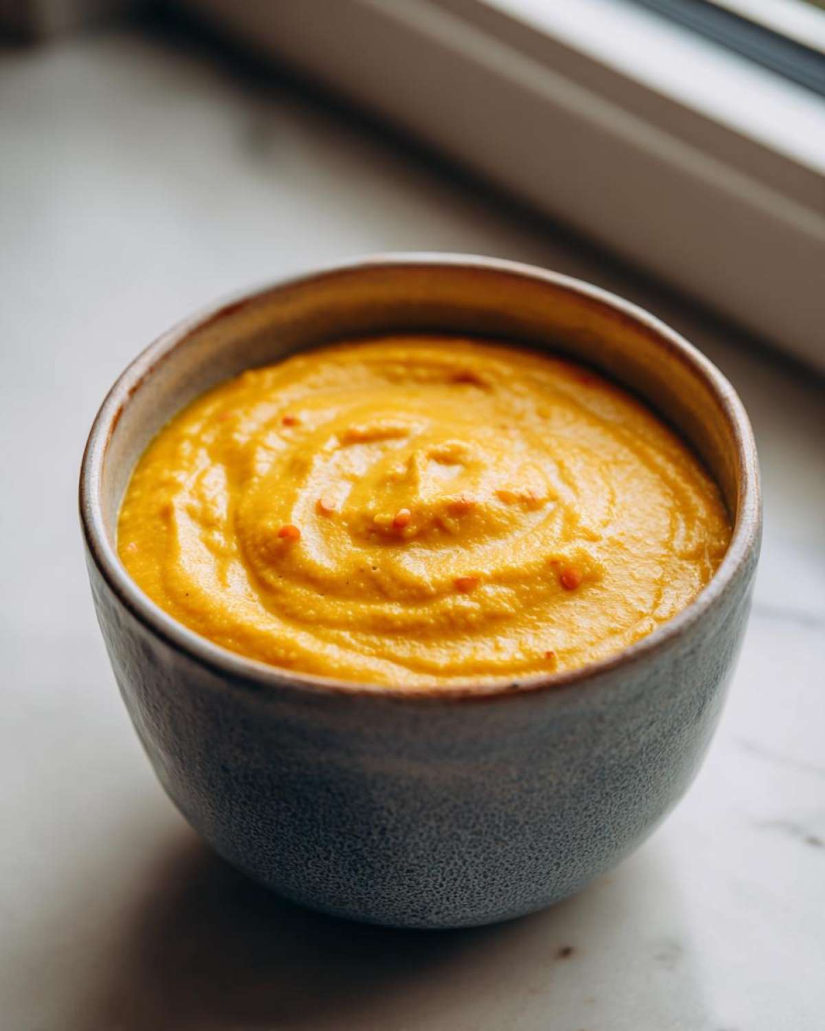 Close-up of a thick, vibrant orange Creamy Coconut Lentil Soup swirled in a textured grey bowl.