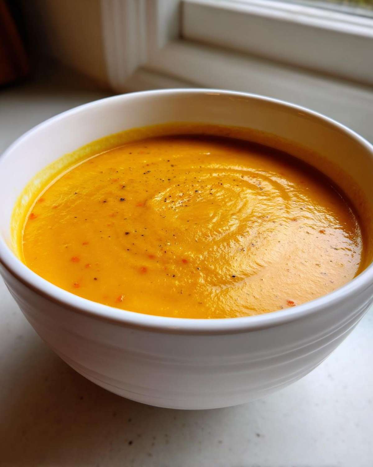 Close-up of a white bowl filled with bright orange Creamy Coconut Lentil Soup, seasoned with pepper.