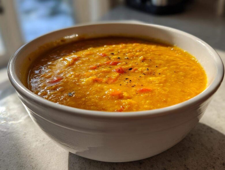 Close-up of a white bowl filled with vibrant orange Creamy Coconut Lentil Soup, topped with black pepper.