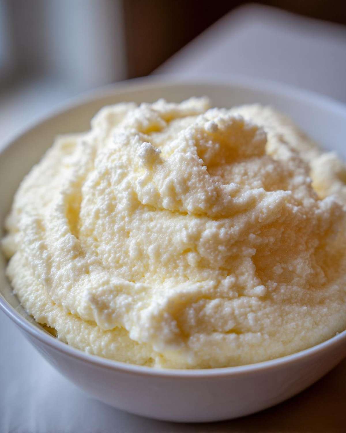 Close-up of a white bowl filled with fluffy, creamy garlic mashed cauliflower.