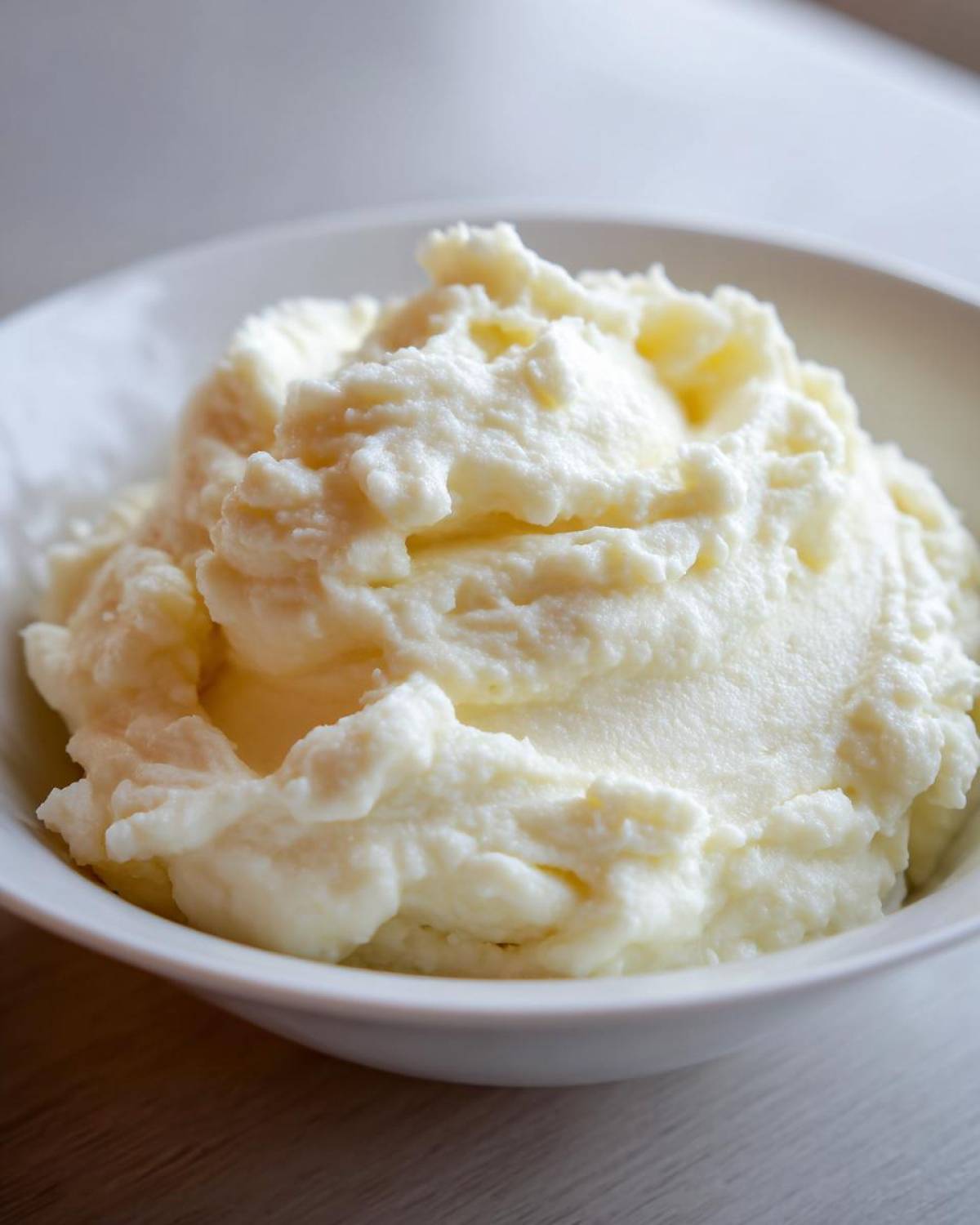 A close-up of fluffy Creamy Garlic Mashed Cauliflower served in a white bowl.