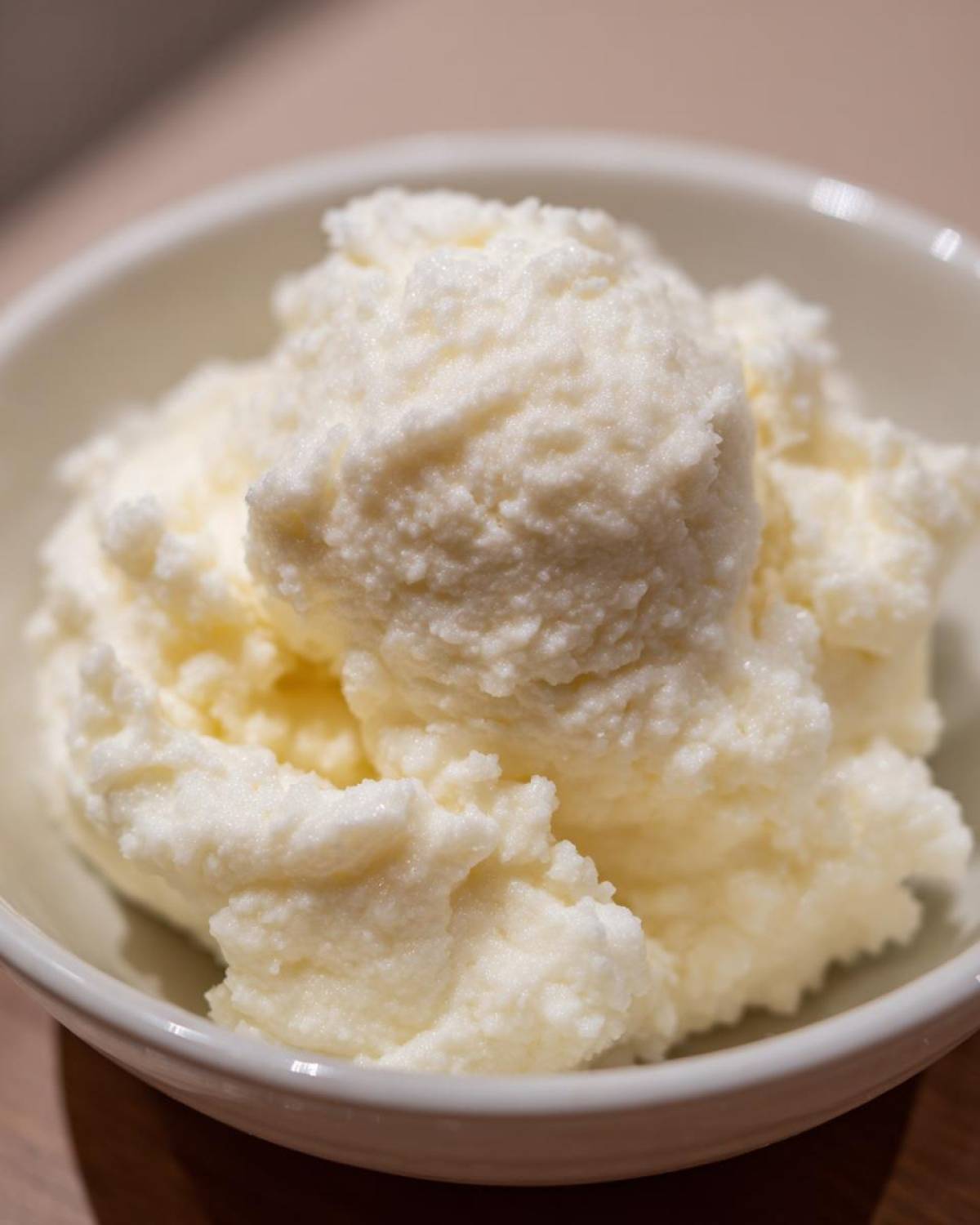 Close-up of fluffy, white Creamy Garlic Mashed Cauliflower served in a small white bowl.