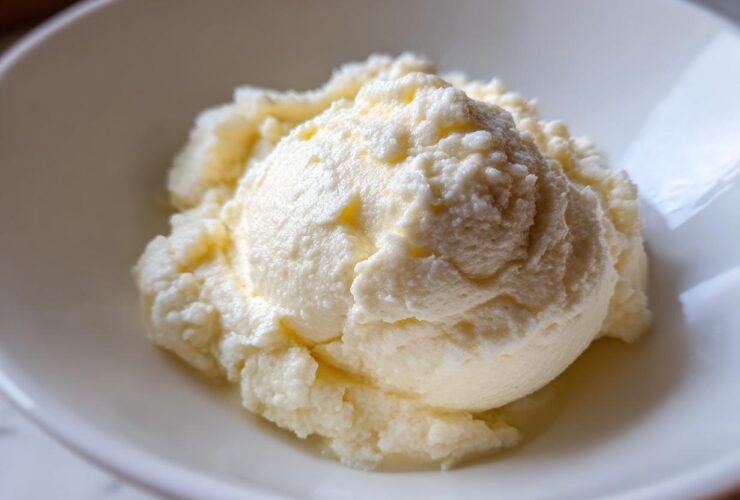 A scoop of light yellow, fluffy Creamy Garlic Mashed Cauliflower served in a white bowl.