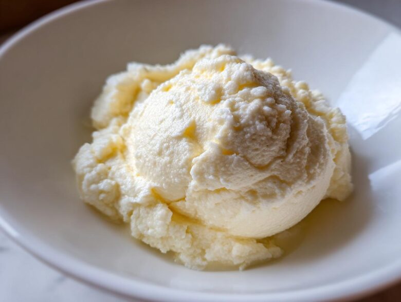 A scoop of light yellow, fluffy Creamy Garlic Mashed Cauliflower served in a white bowl.