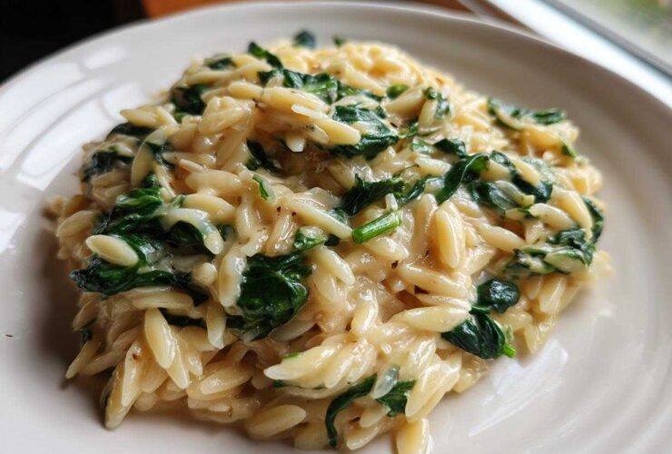 A close-up of a serving of Creamy Garlic Parmesan Orzo with Spinach, showing the creamy sauce coating the pasta and vibrant green spinach leaves.