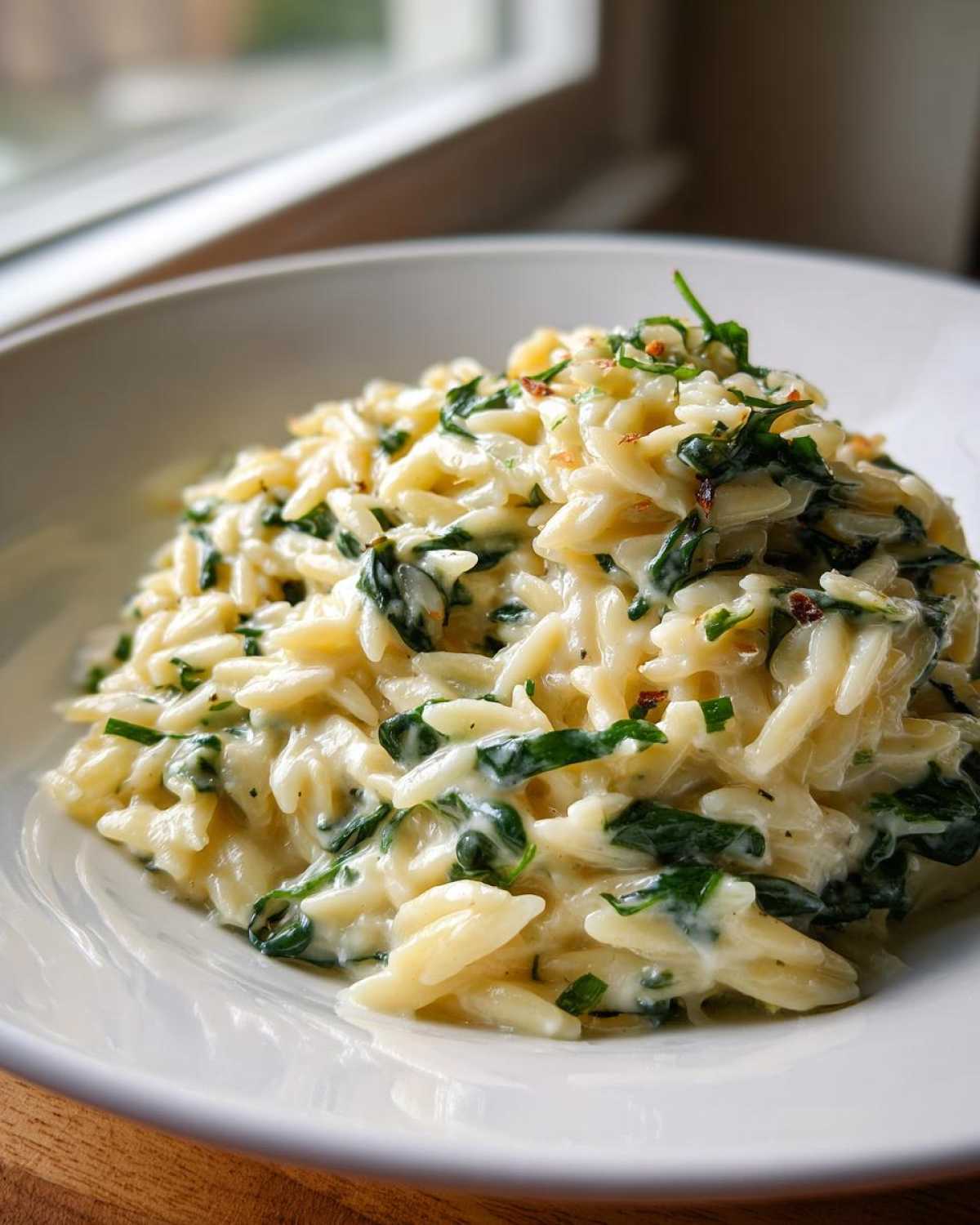 A close-up of a white bowl filled with Creamy Garlic Parmesan Orzo with Spinach, garnished with herbs.