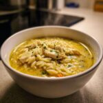A close-up of a steaming white bowl filled with rich, yellow Creamy Lemon Chicken Orzo Soup, topped with chicken pieces and parsley.
