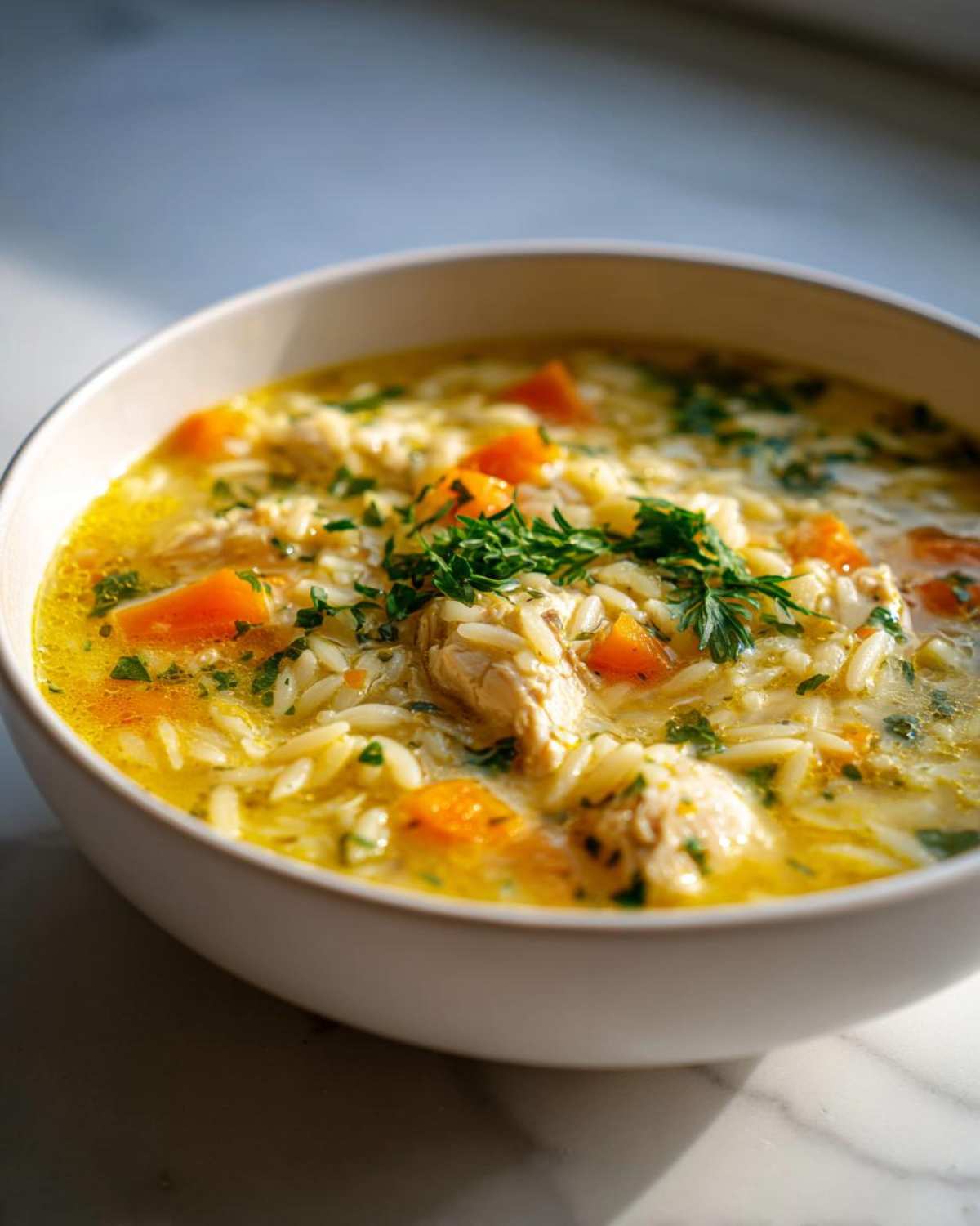 A close-up of Creamy Lemon Chicken Orzo Soup in a white bowl, featuring chicken pieces, orzo pasta, carrots, and fresh parsley.