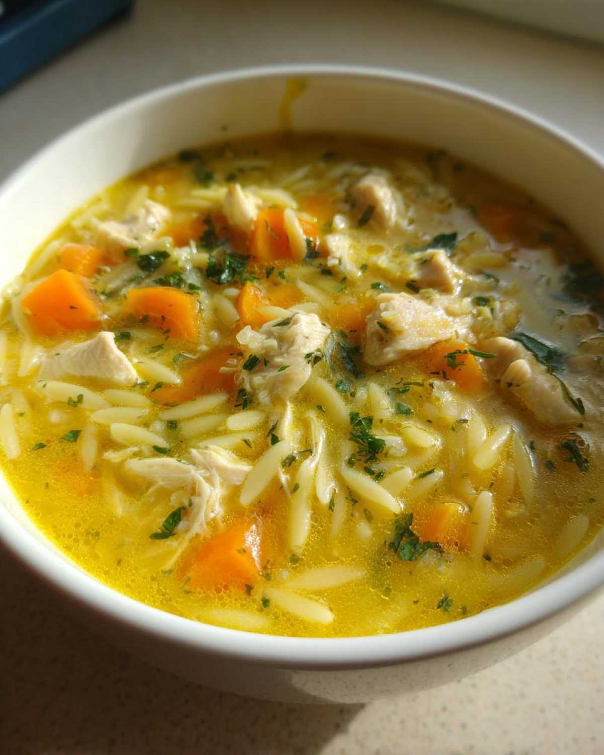 Close-up of a white bowl filled with bright yellow Creamy Lemon Chicken Orzo Soup, featuring shredded chicken, orzo pasta, and chunks of carrot.