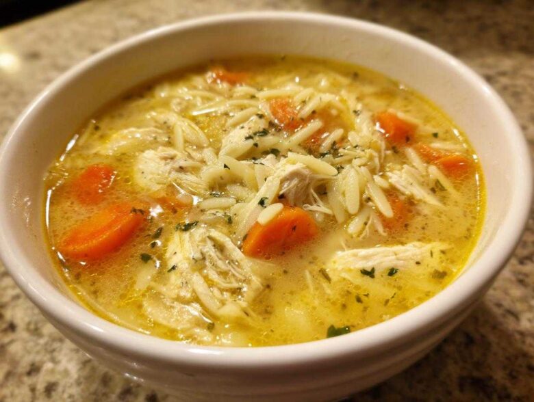 Close-up of a white bowl filled with Creamy Lemon Chicken Orzo Soup, showing shredded chicken, orzo pasta, and bright orange carrots.