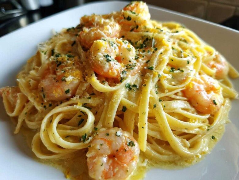 Close-up of rich Creamy Lemon Garlic Shrimp Pasta topped with parsley and zest.