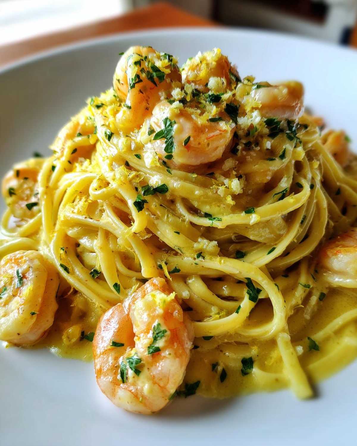 A close-up of a serving of Creamy Lemon Garlic Shrimp Pasta featuring linguine coated in a rich sauce, topped with plump shrimp and lemon zest.