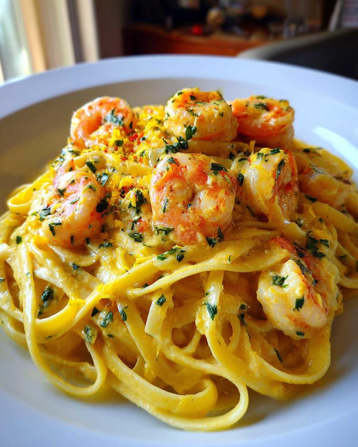 Close-up of Creamy Lemon Garlic Shrimp Pasta featuring fettuccine coated in a rich sauce, topped with shrimp and herbs.