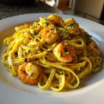 A plate of rich, yellow Creamy Lemon Garlic Shrimp Pasta topped with plump shrimp and fresh parsley.