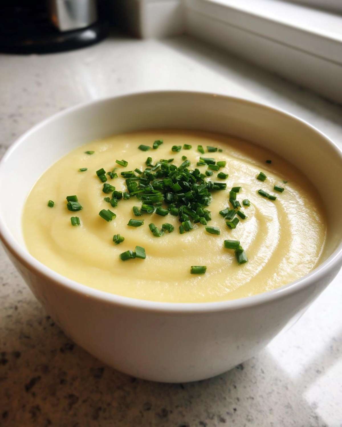A close-up of a bowl of smooth, yellow Creamy Potato Leek Soup garnished generously with fresh chopped chives.