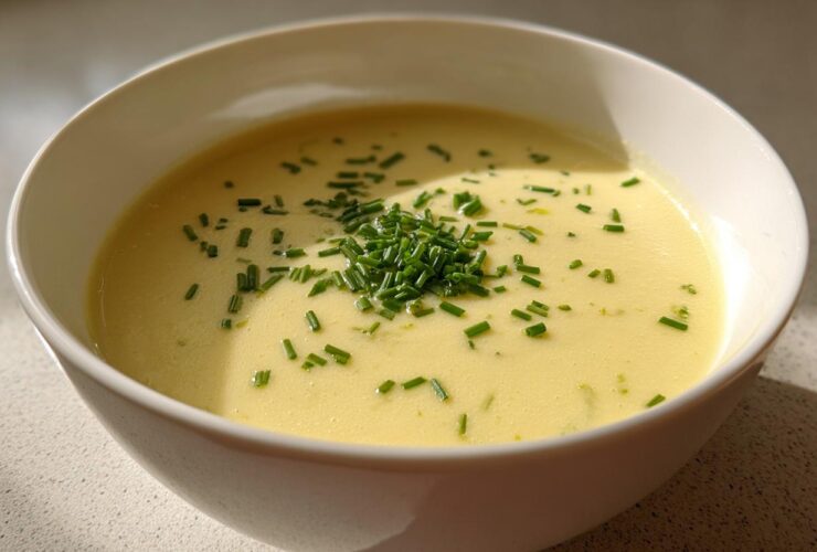 A bowl of rich, yellow Creamy Potato Leek Soup topped generously with fresh chopped chives.