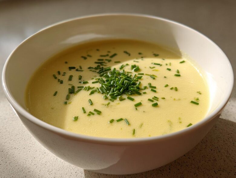 A bowl of rich, yellow Creamy Potato Leek Soup topped generously with fresh chopped chives.
