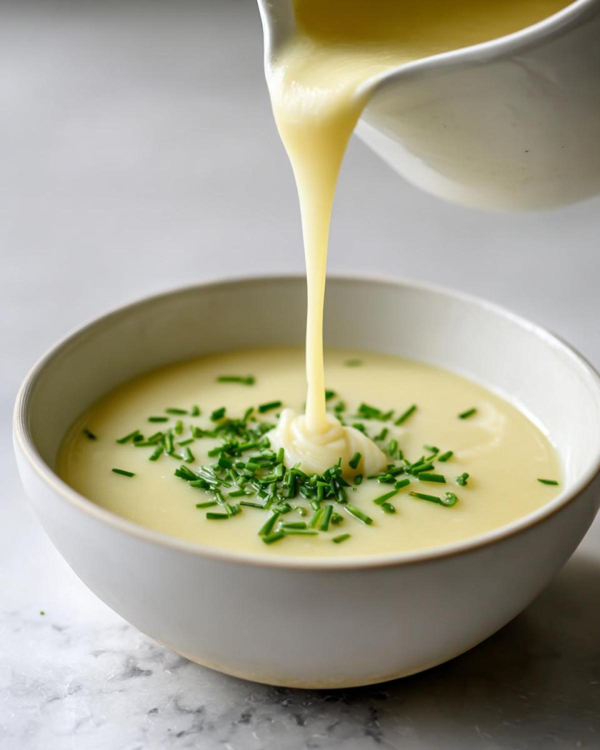 Thick, creamy potato leek soup being poured into a bowl topped with fresh chopped chives.