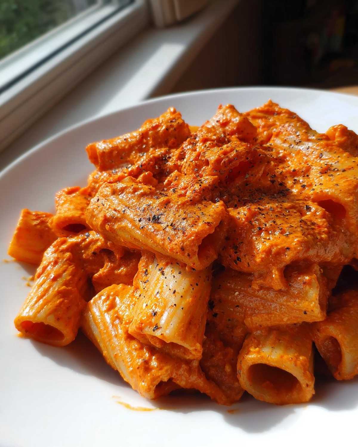 Close-up of rigatoni pasta coated in a vibrant, creamy roasted red pepper pasta sauce, topped with black pepper.