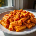 A close-up of rigatoni pasta coated in a rich, orange-red Creamy Roasted Red Pepper Pasta sauce on a white plate.