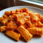 A close-up of rigatoni pasta coated in vibrant, thick Creamy Roasted Red Pepper Pasta sauce, sprinkled with black pepper.