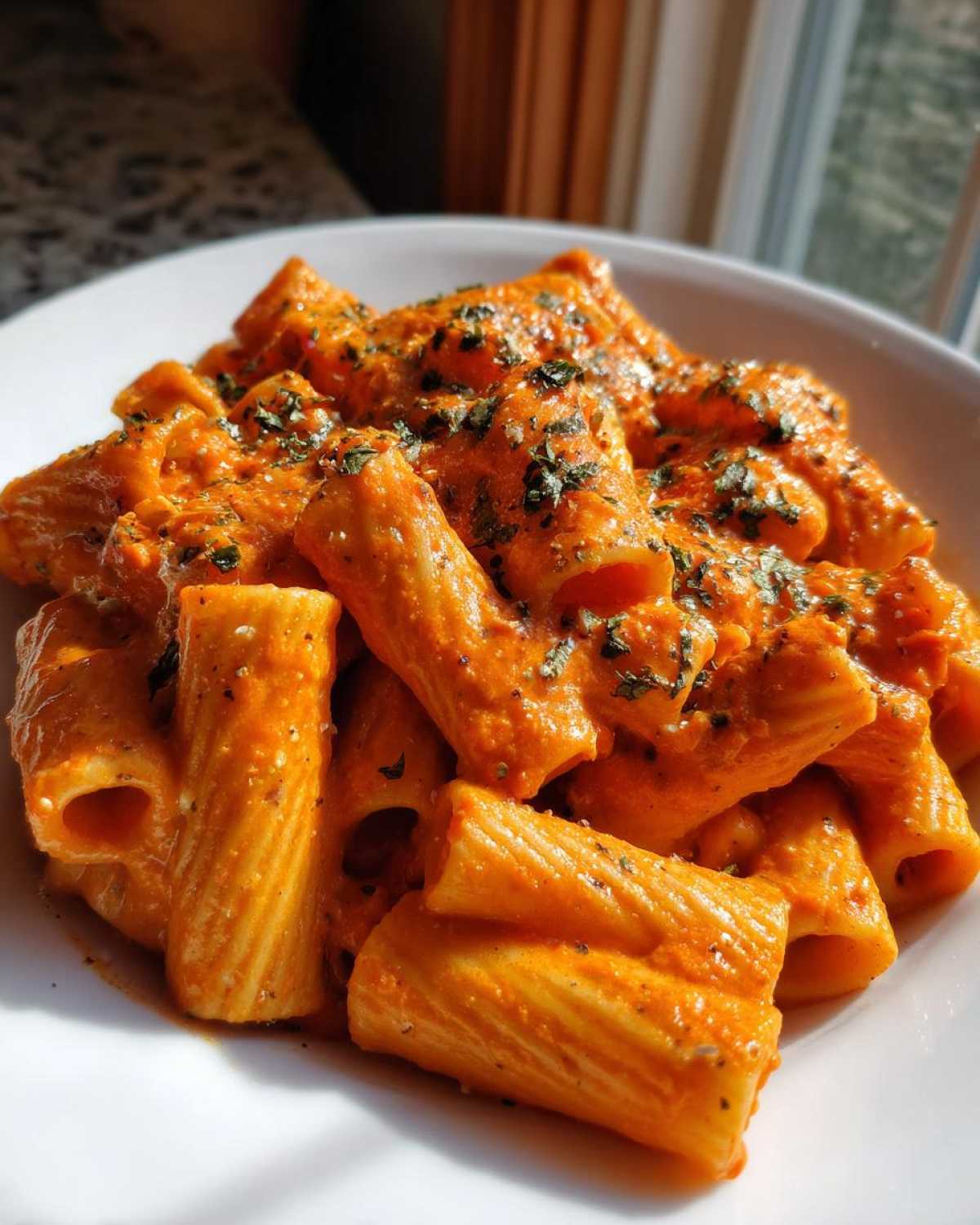Close-up of rigatoni pasta coated in vibrant orange Creamy Roasted Red Pepper Pasta sauce, garnished with herbs.