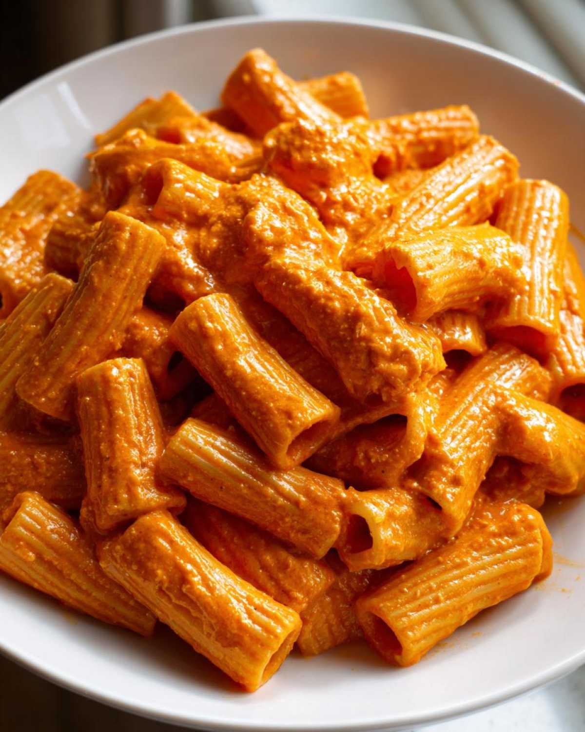Close-up shot of rigatoni pasta coated generously in bright orange Creamy Roasted Red Pepper Pasta sauce.