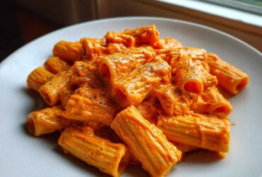 A close-up of rigatoni pasta coated in vibrant, thick Creamy Roasted Red Pepper Pasta sauce, sprinkled with black pepper.