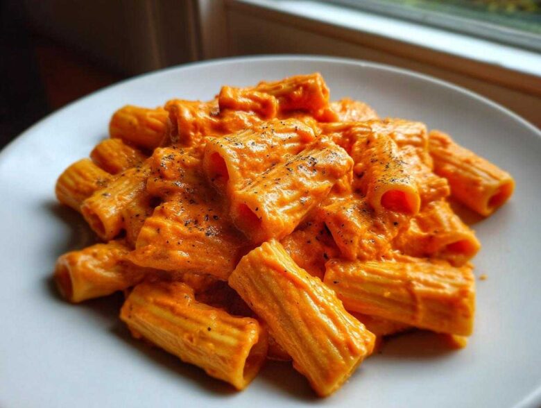 A close-up of rigatoni pasta coated in vibrant, thick Creamy Roasted Red Pepper Pasta sauce, sprinkled with black pepper.