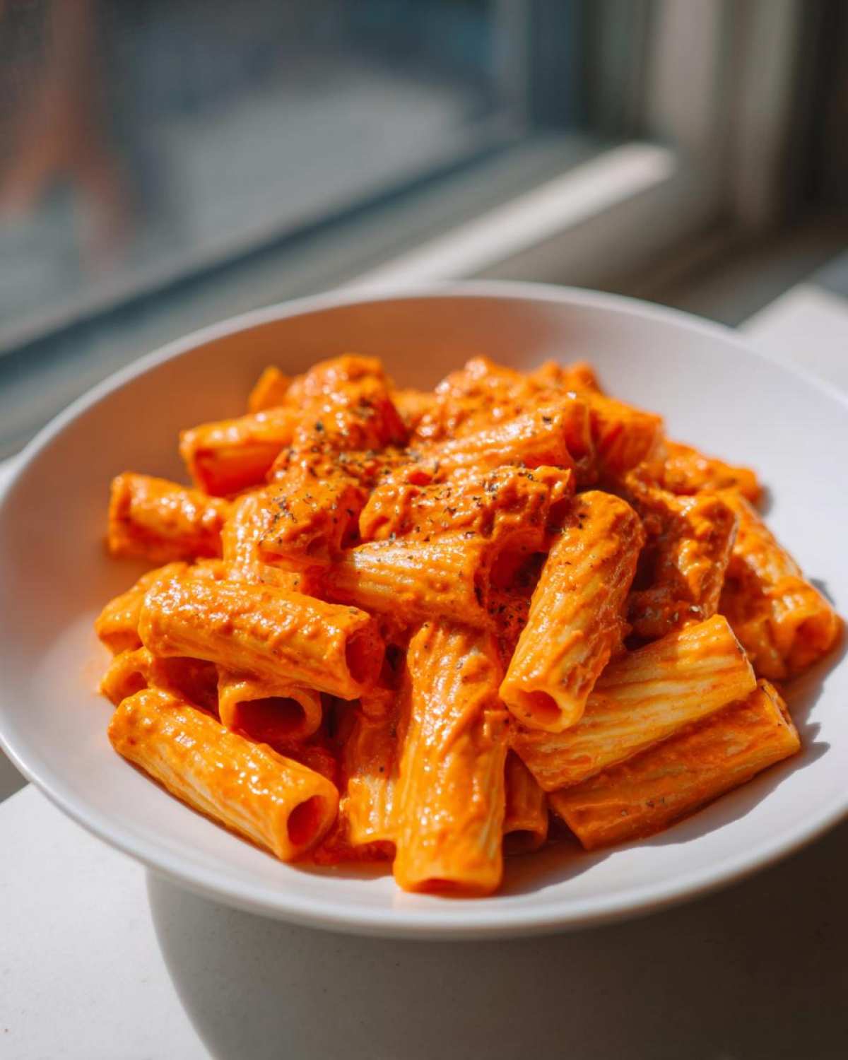Close-up of rigatoni pasta coated in vibrant orange Creamy Roasted Red Pepper Pasta sauce, seasoned with pepper.