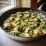 Close-up of seared chicken pieces simmering in a rich, creamy spinach artichoke sauce in a skillet.