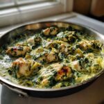 Close-up of seared chicken pieces simmering in a rich, green sauce with spinach and artichoke hearts in a stainless steel skillet.