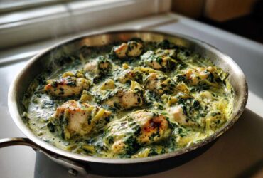 Close-up of seared chicken pieces simmering in a rich, green sauce with spinach and artichoke hearts in a stainless steel skillet.