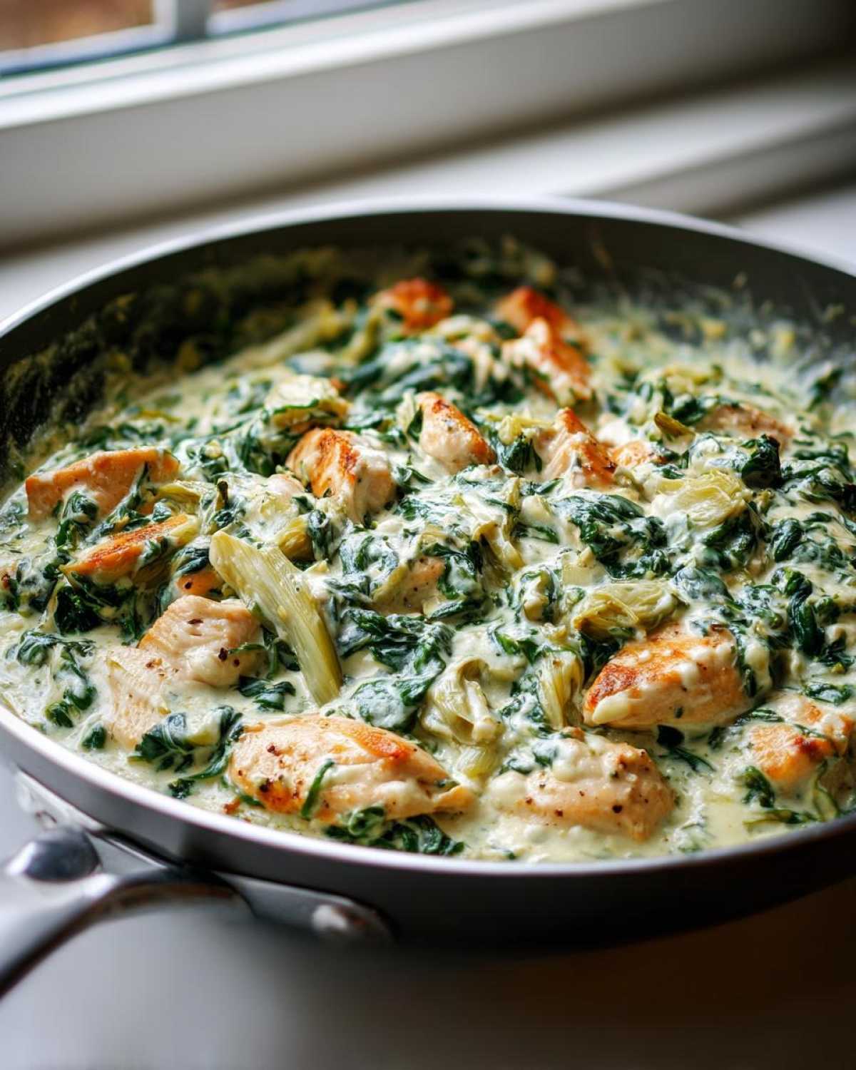 Close-up of seared chicken pieces in a rich, creamy spinach artichoke chicken skillet sauce.