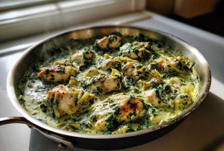 Close-up of seared chicken pieces simmering in a rich, green sauce with spinach and artichoke hearts in a stainless steel skillet.