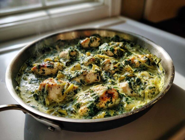 Close-up of seared chicken pieces simmering in a rich, green sauce with spinach and artichoke hearts in a stainless steel skillet.