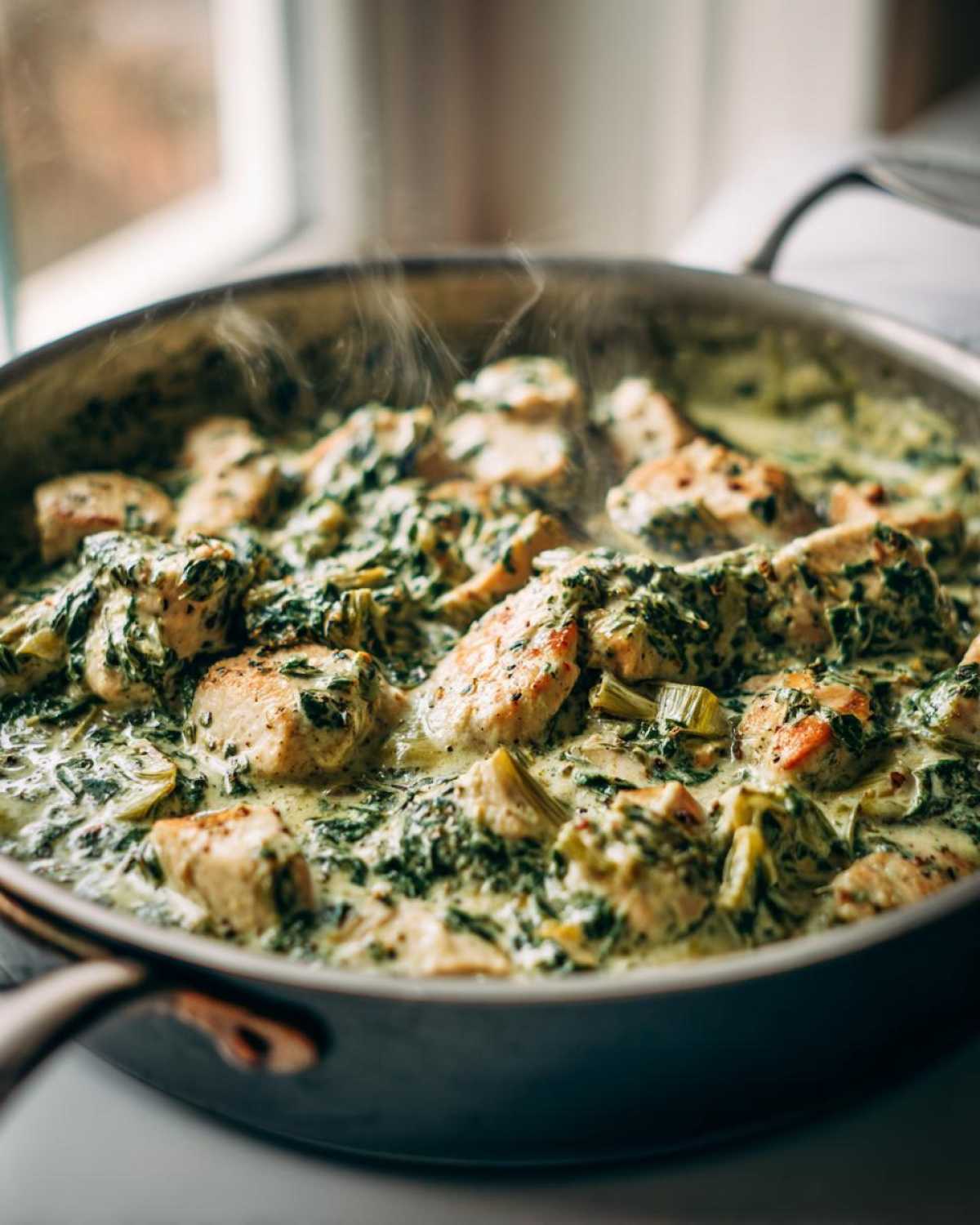 Close-up of seared chicken pieces simmering in a rich, creamy spinach artichoke sauce in a hot skillet.