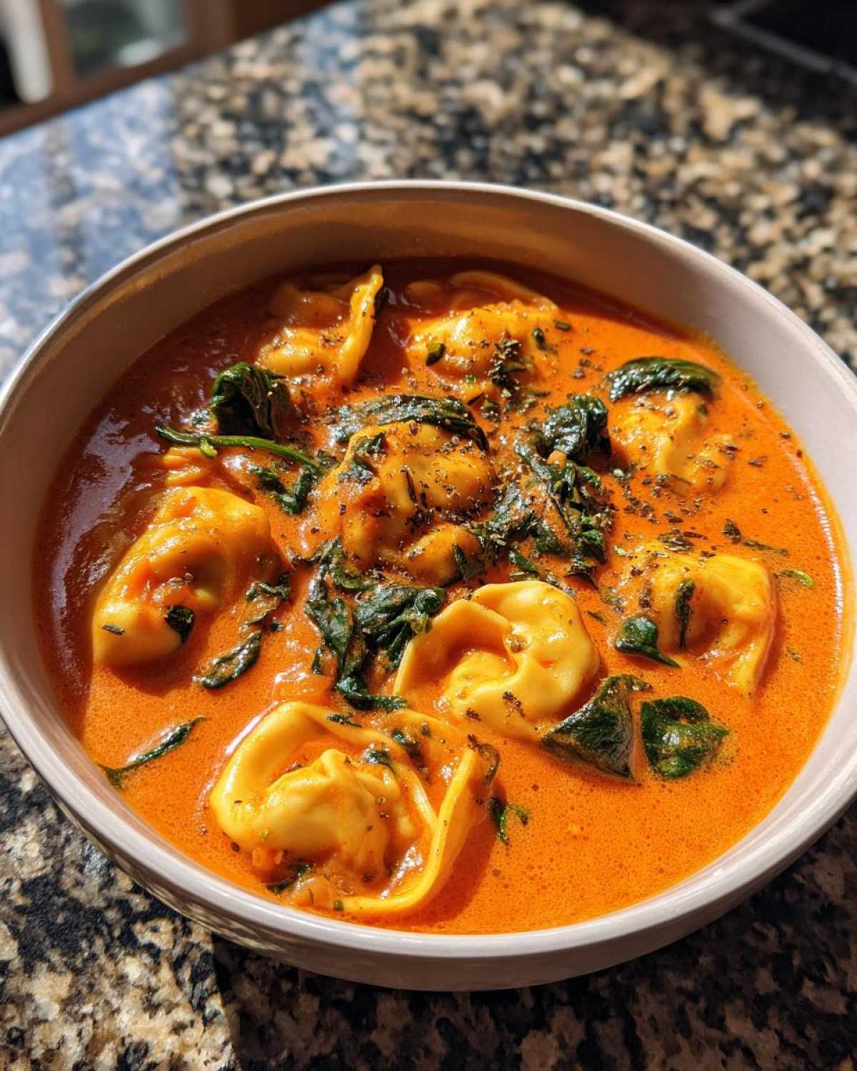 Close-up of a bowl of Creamy Tomato Tortellini Soup featuring cheese tortellini and wilted spinach, garnished with herbs.