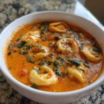Close-up of a white bowl filled with rich Creamy Tomato Tortellini Soup, featuring tortellini pasta and green herbs.