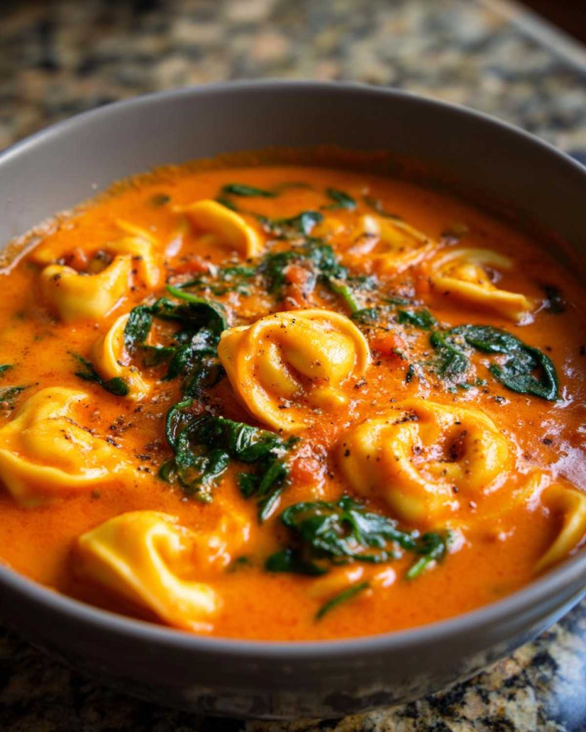 A close-up view of a bowl of rich, orange Creamy Tomato Tortellini Soup filled with cheese tortellini and wilted spinach.